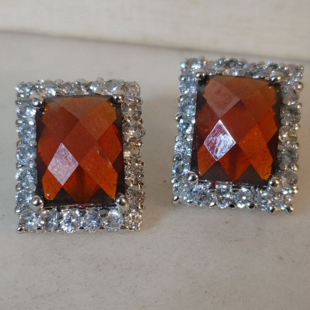 Garnet Earrings Sterling Silver 925 Vintage Square Red Bold Elegant Gemstones